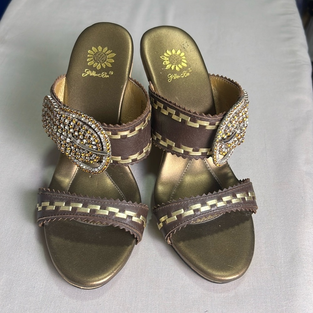 Yellow Box Gable Buckle Rhinestone Embellished Leather Cork Wedge size 9